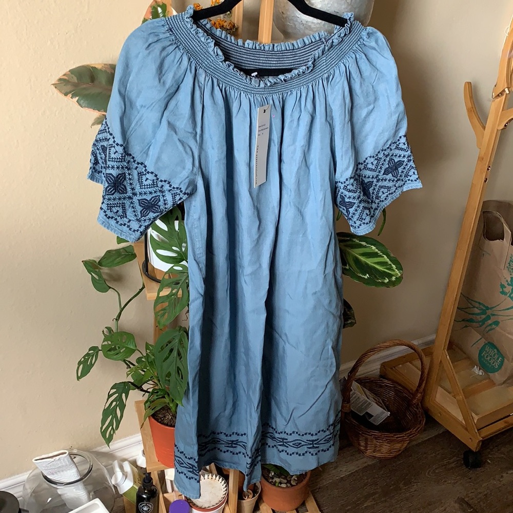 NWT Embroidered Denim Off Shoulder Dress